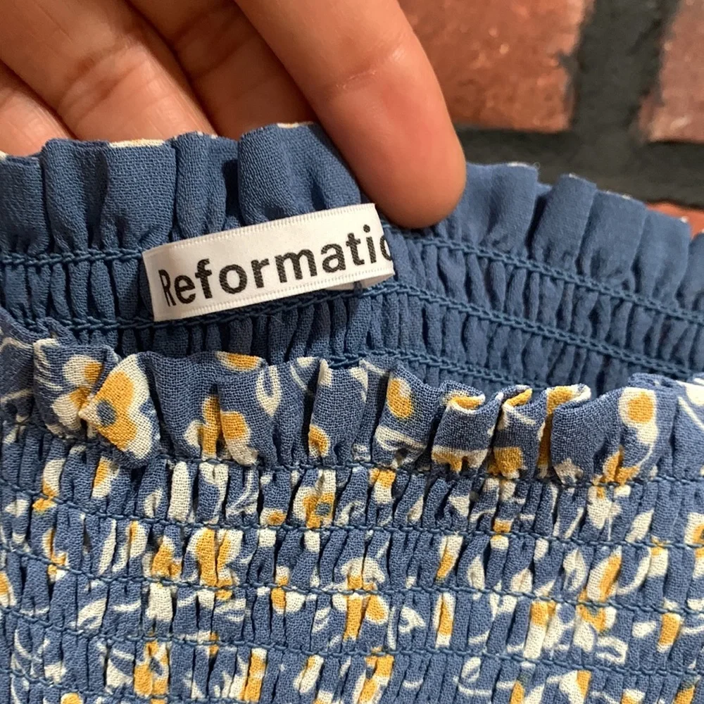 Reformation Blue Floral Smocked Square-Neck Top
